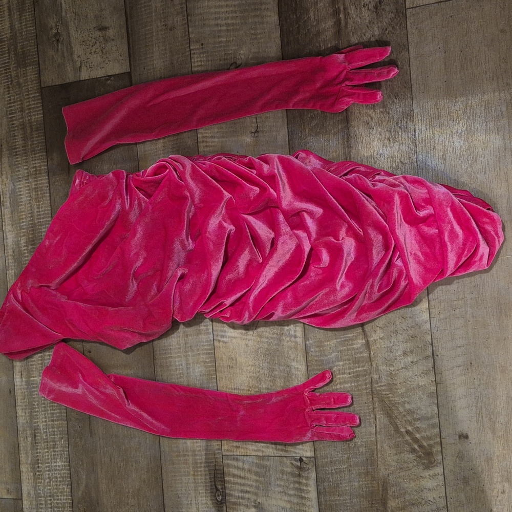 Miscreants Dress Ruched Velvet One Shoulder with Gloves Pink Size 10 NWOT - Picture 2 of 7